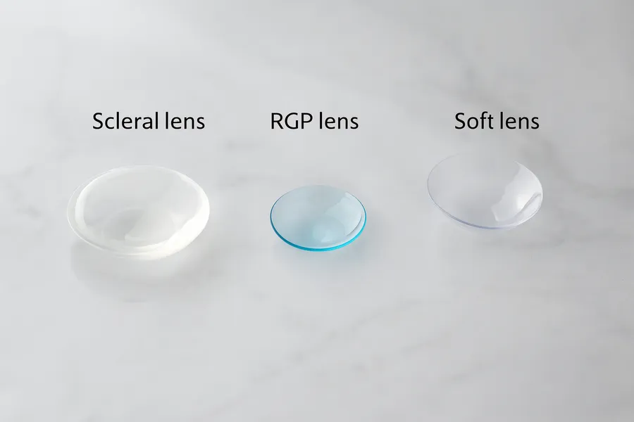Scleral, RGP and soft contact lenses side by side